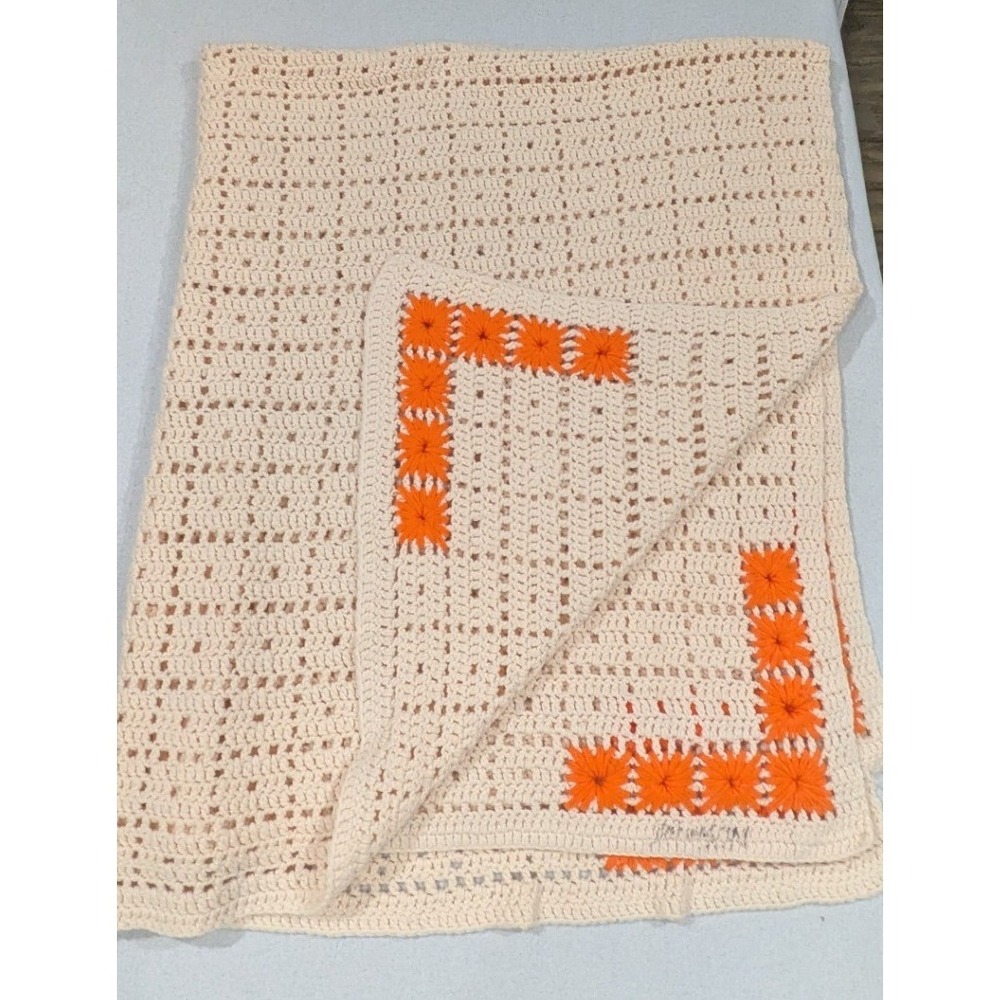 Handmade Crochet Afghan Blanket Unisex XL Cream Orange Good Vintage Boho Large